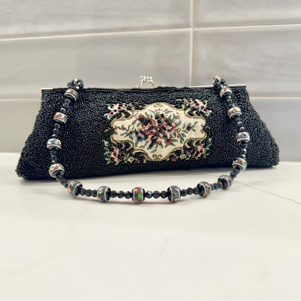 Beaded Black Needlepoint Floral Design Tapestry Beaded Handle Vintage Clutch